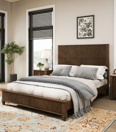 Goldoma modern queen platform bed with tall upholstered headboard in chenille fabric, solid rubberwood construction