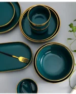Green With Gold Inlay Quality Plates Full Set Luxury Steak Food Tray Ceramic Dinner Dish Salad Bowl Spoon Porcelain