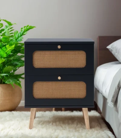 2-drawer rattan nightstand with handwoven rattan drawers in minimalist black finish - Goldoma