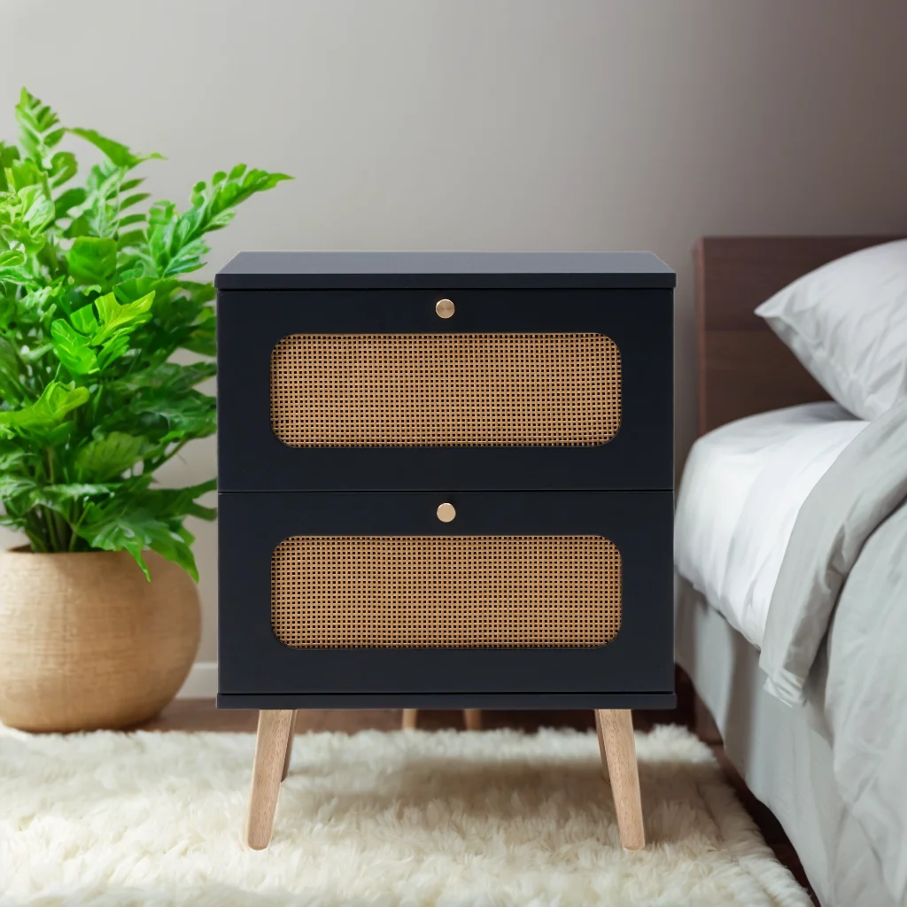 H8be38b15f3dc447c83ad502fe1f3b0ael.webp 2-drawer rattan nightstand with handwoven rattan drawers in minimalist black finish - Goldoma