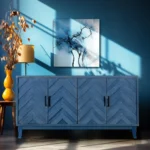 Retroy Vintage 60" Navy Blue Solid Wood Credenza Cabinet 4-Door M-Shaped Panel Buffet with Traditional Design for Dining - Image 4