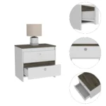 Modern living room nightstand with one drawer and one shelf in smokey oak and white finish