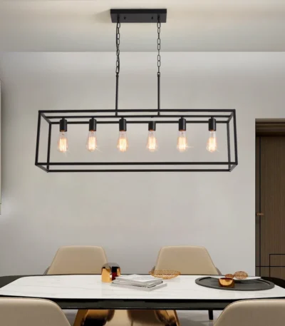 6-light black rectangular chandelier hanging over a wooden kitchen island with bar stools