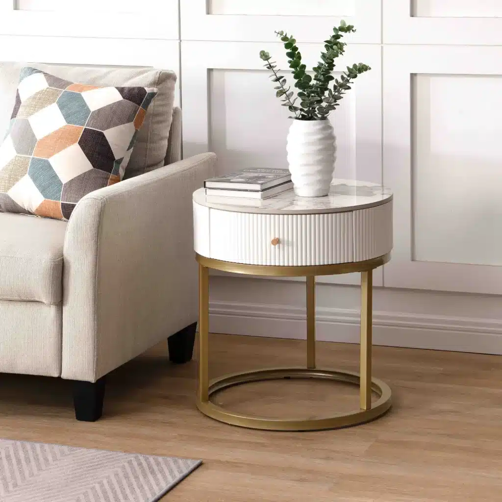 Modern Round Nightstand with Marble Top and Gold Base