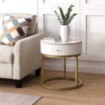 Modern round nightstand with marble top and gold base featuring a drawer for living room or bedroom
