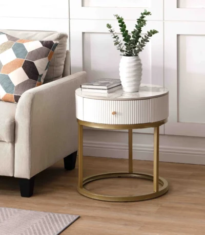 Modern round nightstand with marble top and gold base featuring a drawer for living room or bedroom