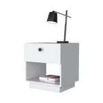 White 1-drawer nightstand with open shelf for bedroom storage, minimalist style
