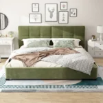 Goldoma king size velvet bed frame with curved tufted headboard in a modern bedroom setting