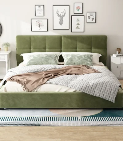 Goldoma king size velvet bed frame with curved tufted headboard in a modern bedroom setting