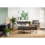 Goldoma gray cube ottoman with wood base and brown faux leather sides, used as a footrest