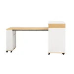 Modern solid wood extendable dining table with folding top and rolling kitchen island with drawers in a bright kitchen setting