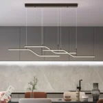 Wave chandelier turned off, showing the clean lines and minimalist design against a white ceiling.