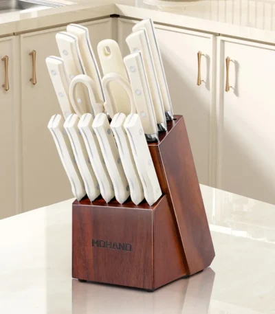 14pcs Stainless Steel Kitchen Knife Set with Sharpener & Wood Handle, Chef, Santoku, Bread, Utility,Steak,Paring &