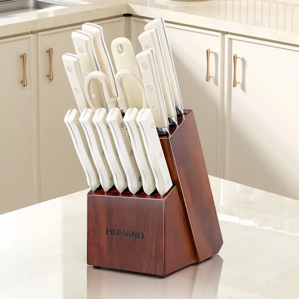 14pcs Stainless Steel Kitchen Knife Set with Sharpener & Wood Handle, Chef, Santoku, Bread, Utility,Steak,Paring &