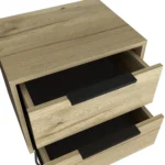 Minimalist two-drawer nightstand in light oak with black hairpin legs, perfect for bedroom storage