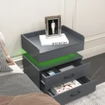 Modern nightstand with adjustable LED strip light and two drawers in glossy grey finish for bedroom storage and bedside organization
