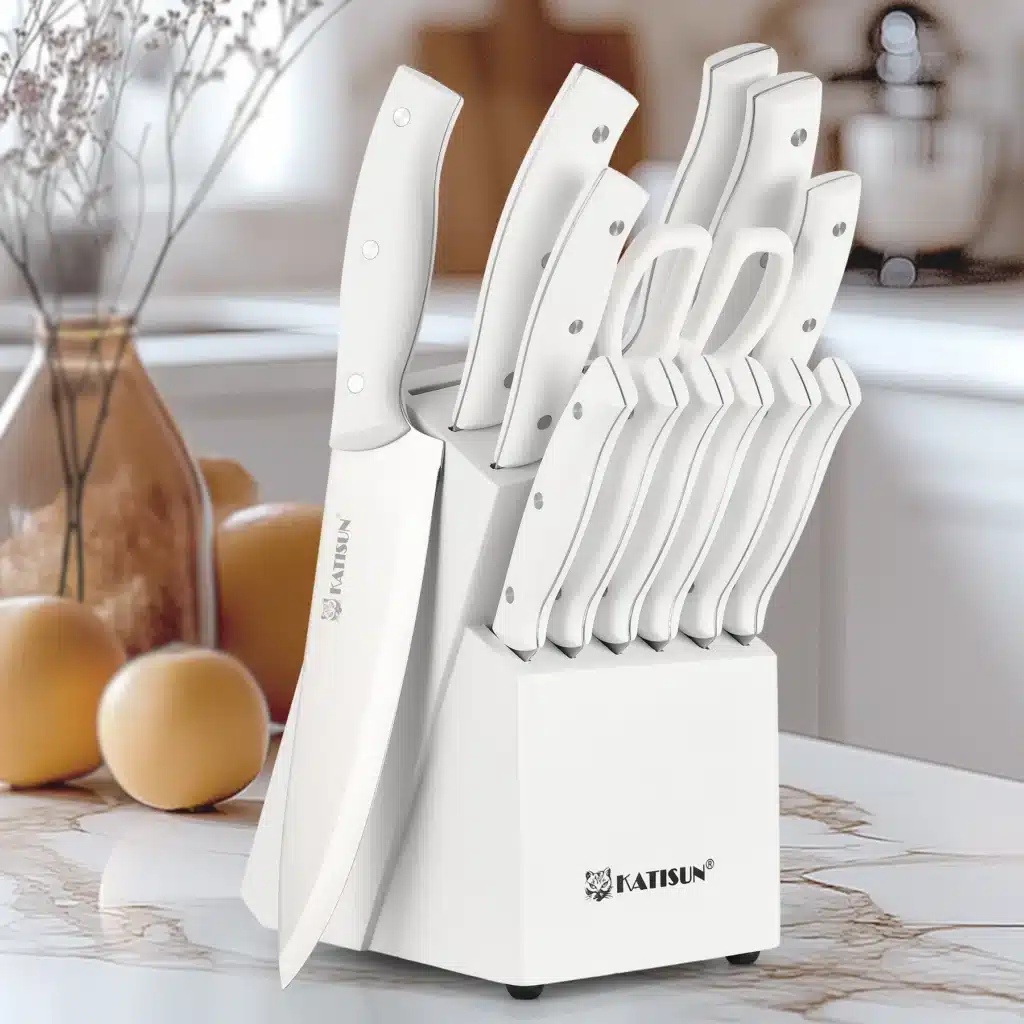 White 15 Pieces Carbon Steel Kitchen Knife Set with Knife Holder Inner Sharpener Kitchen Scissors