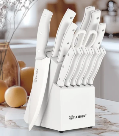 White 15 Pieces Carbon Steel Kitchen Knife Set with Knife Holder Inner Sharpener Kitchen Scissors
