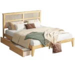 King size bed with storage drawers and rattan headboard - Goldoma modern farmhouse design