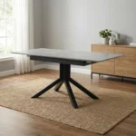 Modern square dining table for 4 with light gray painted MDF top and sturdy geometric metal legs