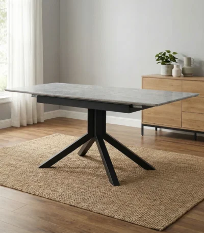 Modern square dining table for 4 with light gray painted MDF top and sturdy geometric metal legs