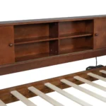 Goldoma L-shaped wooden twin bed with upholstered headboard, bookcase storage, and USB ports in a corner setup