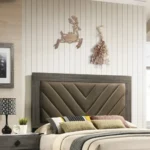Goldoma Modern Contemporary Queen Size Bed with Gray V-Design Headboard – Rubberwood Bedframe – top view