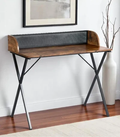 HMS 39" Brown and Black X-Shape Computer Desk Wood and Metal Office Desk