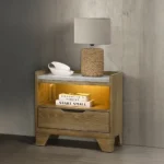 Transitional brown nightstand with LED light and drawer shelf for bedroom - modern bamboo bedside cabinet with warm glow