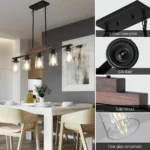 The 37-inch chandelier shown in a living room setting, complementing wood and metal decor with its clear glass shades.