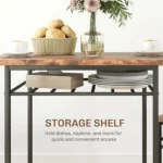 Rustic brown dining table set with two chairs and a storage shelf underneath in a modern industrial style