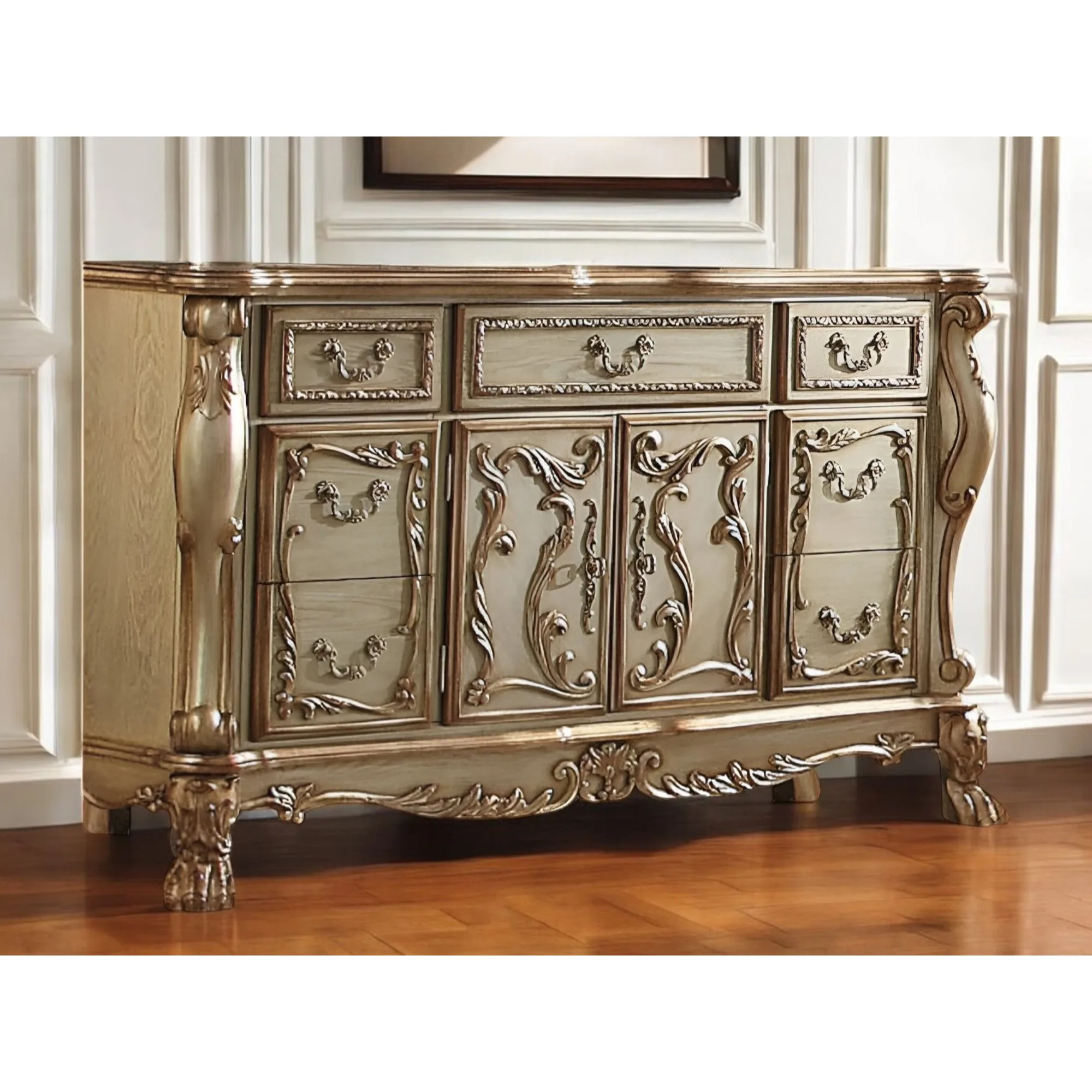 H8ddabec275cc442f8138bb56a96b2ecfc.webp HMS 66 Gold Solid Wood Carved Scrollwork Seven Drawer Sideboard with Two Doors - Image 1