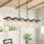 48" 6-Light Farmhouse Kitchen Island Light, Black Vintage Linear Chandelier with Adjustable Metal & Crystal Fixture for