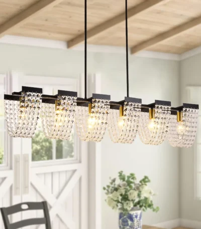 48" 6-Light Farmhouse Kitchen Island Light, Black Vintage Linear Chandelier with Adjustable Metal & Crystal Fixture for