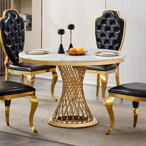 H8e0f758445804dc5a86074552a69c43fl.webp 47-inch round marble dining table with stainless steel base in a modern luxury dining room setting