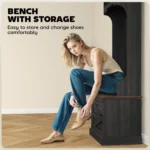 Goldoma 3-in-1 entryway storage bench with coat rack and shoe organizer in black wood grain finish