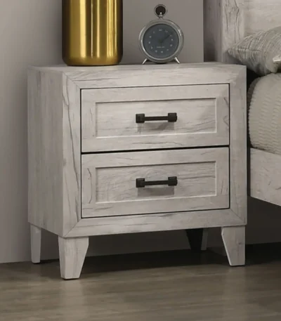 White wash nightstand with two drawers and black bar pulls, contemporary bedroom furniture
