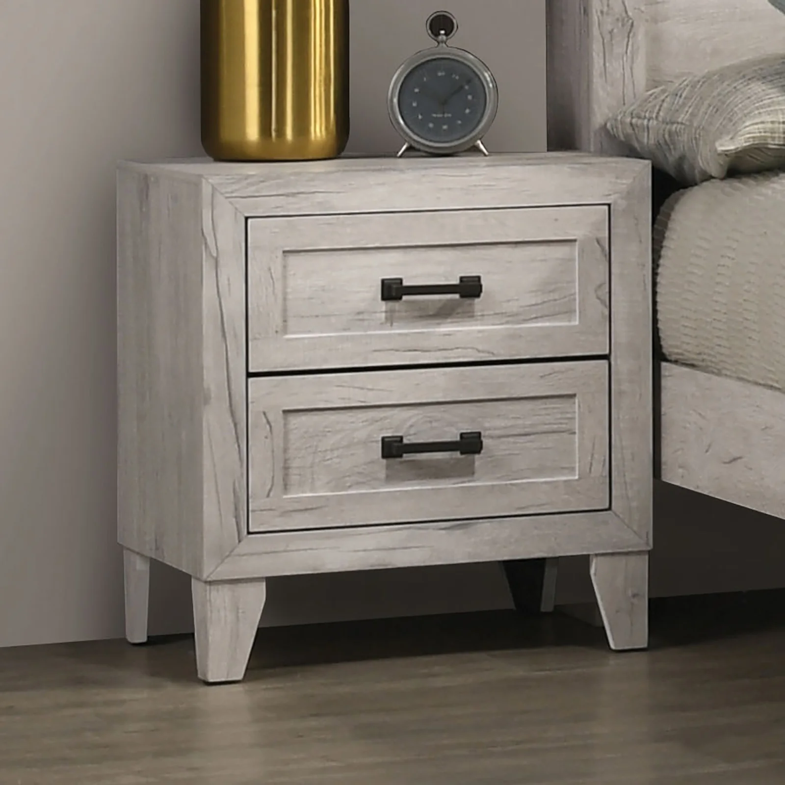 H8e443d37163e467ea61caa9ae7c4e384b.webp White wash nightstand with two drawers and black bar pulls, contemporary bedroom furniture