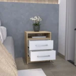 White and light oak nightstand with two drawers and stainless steel handles for bedroom storage