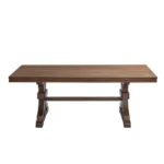 Oak dining table for 6-8, mid-century modern rectangular design with trestle pedestal base in a dining room