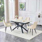 Modern square dining table for 4 with light gray painted MDF top and sturdy geometric metal legs