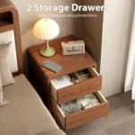 Mid-century solid walnut nightstand with drawer in bedroom setting