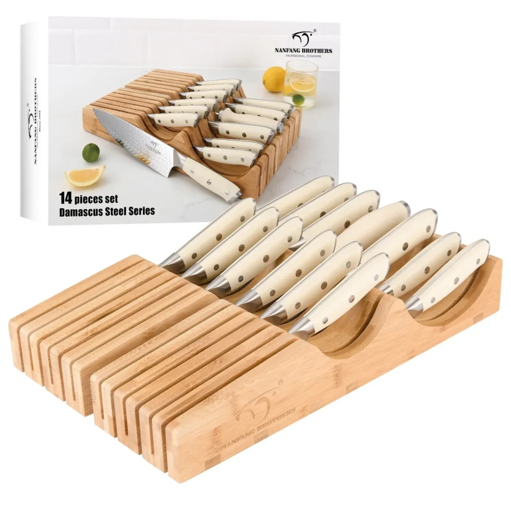 Brand New Damascus Non-Stick Chef Butcher Knife Set With Bamboo Drawer Block,14 PCS Kitchen Knife Set with ABS Handle