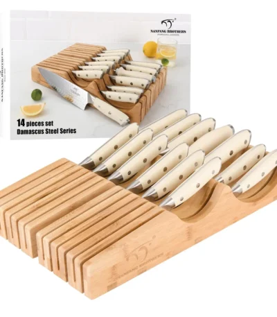 Brand New Damascus Non-Stick Chef Butcher Knife Set With Bamboo Drawer Block,14 PCS Kitchen Knife Set with ABS Handle