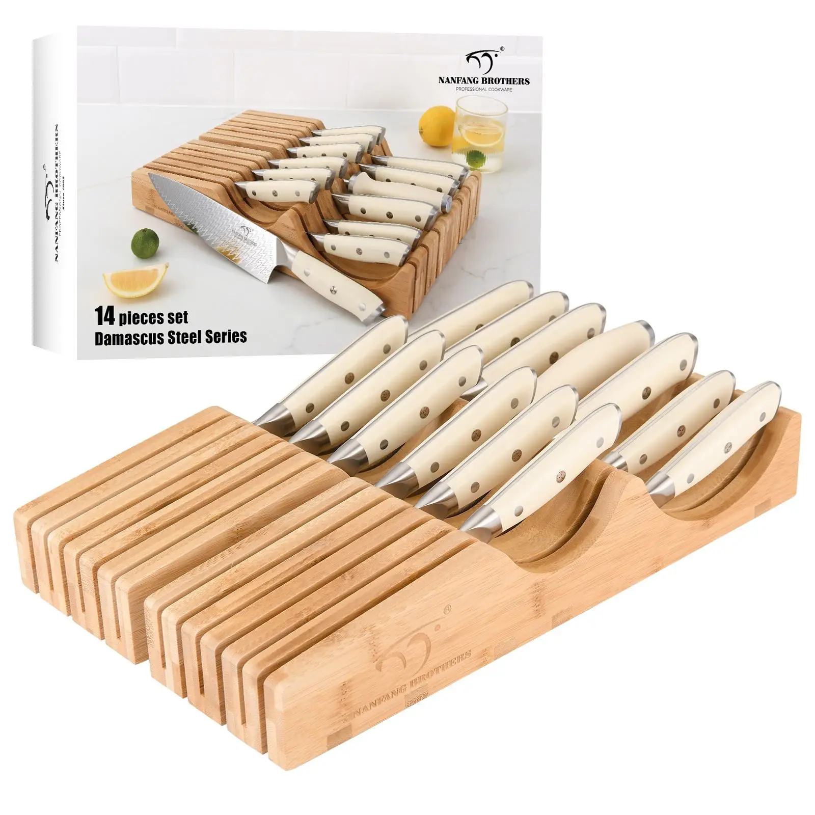 Brand New Damascus Non-Stick Chef Butcher Knife Set With Bamboo Drawer Block,14 PCS Kitchen Knife Brand New Damascus Non-Stick Chef Butcher Knife Set With Bamboo Drawer Block,14 PCS Kitchen Knife Set with ABS Handle
