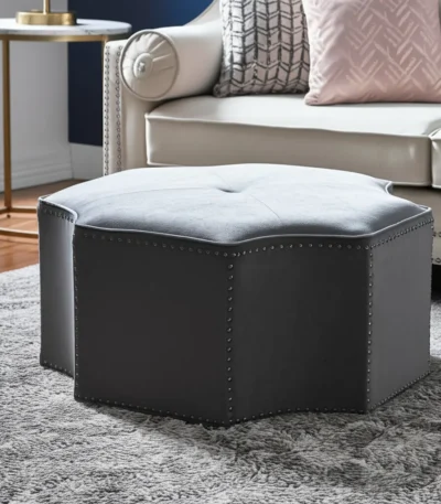 Silver tufted ottoman - Goldoma 33-inch octagonal cocktail ottoman with nailhead trim in living room setting