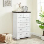 White 6-drawer tall dresser with wood grain finish in a modern farmhouse bedroom
