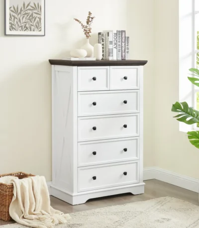 White 6-drawer tall dresser with wood grain finish in a modern farmhouse bedroom