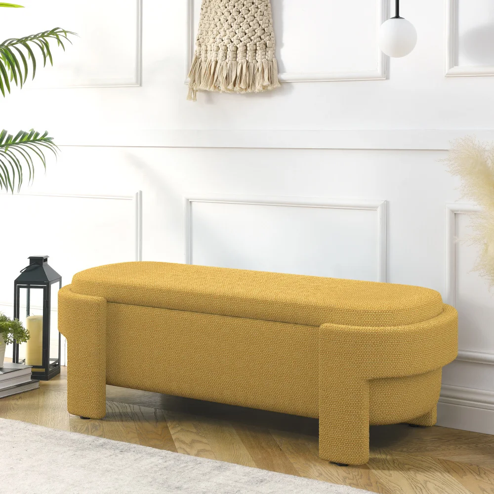 H8ea889326d234c54a91dc911b5b9dcfdF.webp Goldoma linen storage bench in yellow with cushioned seat and hidden storage compartment