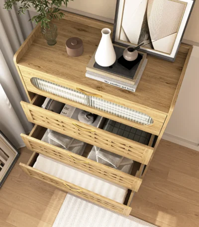 Modern 4-drawer dresser in walnut wood finish with wide drawers for bedroom storage